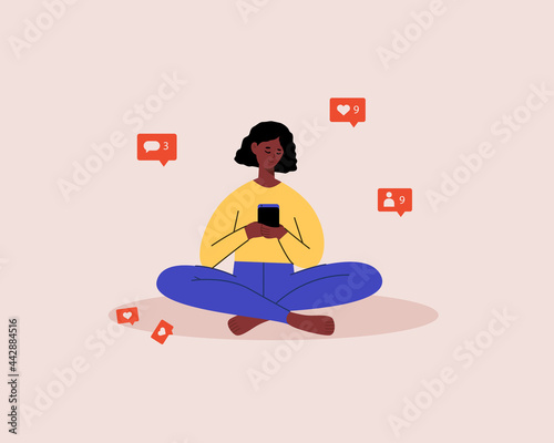 Young black female character using mobile phone, checking social media. Influencer concept. Like, follower, comment bubble icon. Vector illustration cartoon flat style