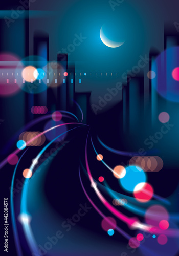 Big city nightlife with street lamps and bokeh blurred lights. Effect vector beautiful background. Blur colorful dark background with cityscape, buildings silhouettes skyline.