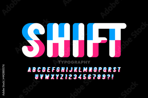 Shifted font design, alphabet letters and numbers vector illustration