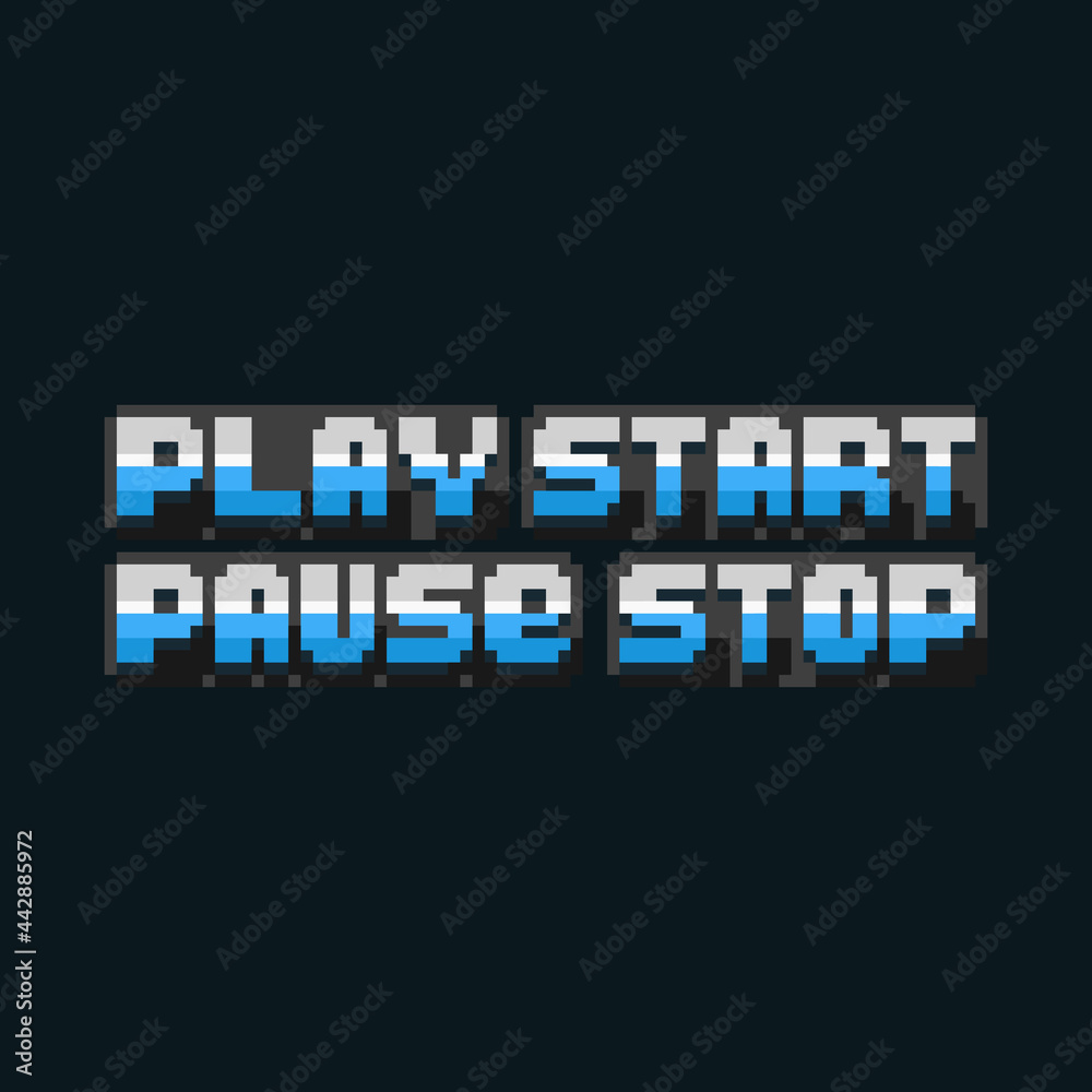 Pixel art set of play pause text design. Pixel art set of play pause text design.
