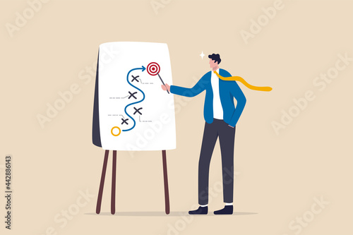 Business strategy planning, marketing tactic or winning strategy to achieve target, project blocker and solution to be success concept, smart businessman presenting business strategy on whiteboard. photo