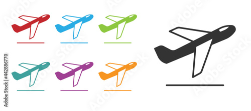 Black Plane takeoff icon isolated on white background. Airplane transport symbol. Set icons colorful. Vector