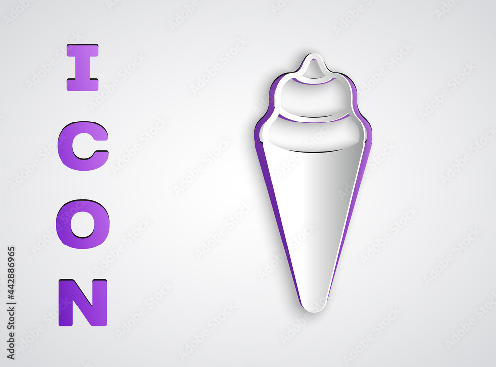 Paper cut Ice cream in waffle cone icon isolated on grey background. Sweet symbol. Paper art style. Vector Paper cut Ice cream in waffle cone icon isolated on grey background. Sweet symbol. Paper art style. Vector