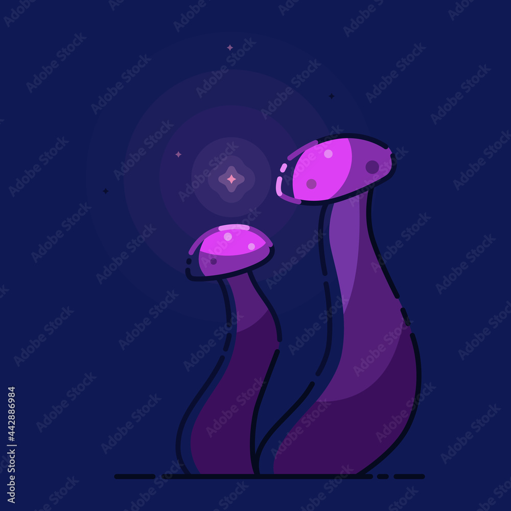Obraz premium Night fairy-tale with magic bright purple mushrooms on blue background. 