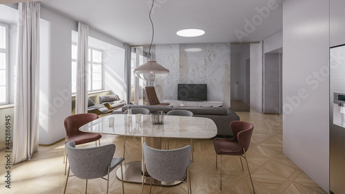 Interior of modern marble apartment. Comfortable living room in flat  3D rendering