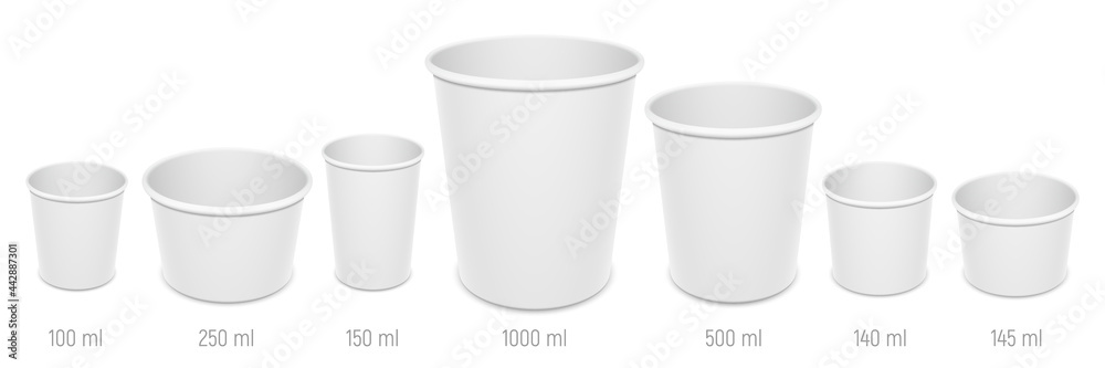 Set of vector realistic blank disposable ice cream buckets, cups and bowls. Different sizes of paper open empty food containers mockup. - obrazy, fototapety, plakaty 