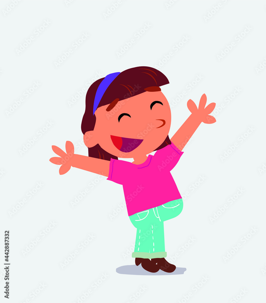 cartoon character of little girl on jeans celebrating something with joy