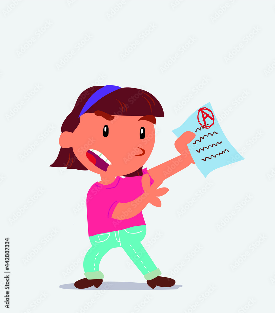 cartoon character of little girl on jeans arguing effusively with exam in hand. cartoon character of little girl on jeans arguing effusively with exam in hand.