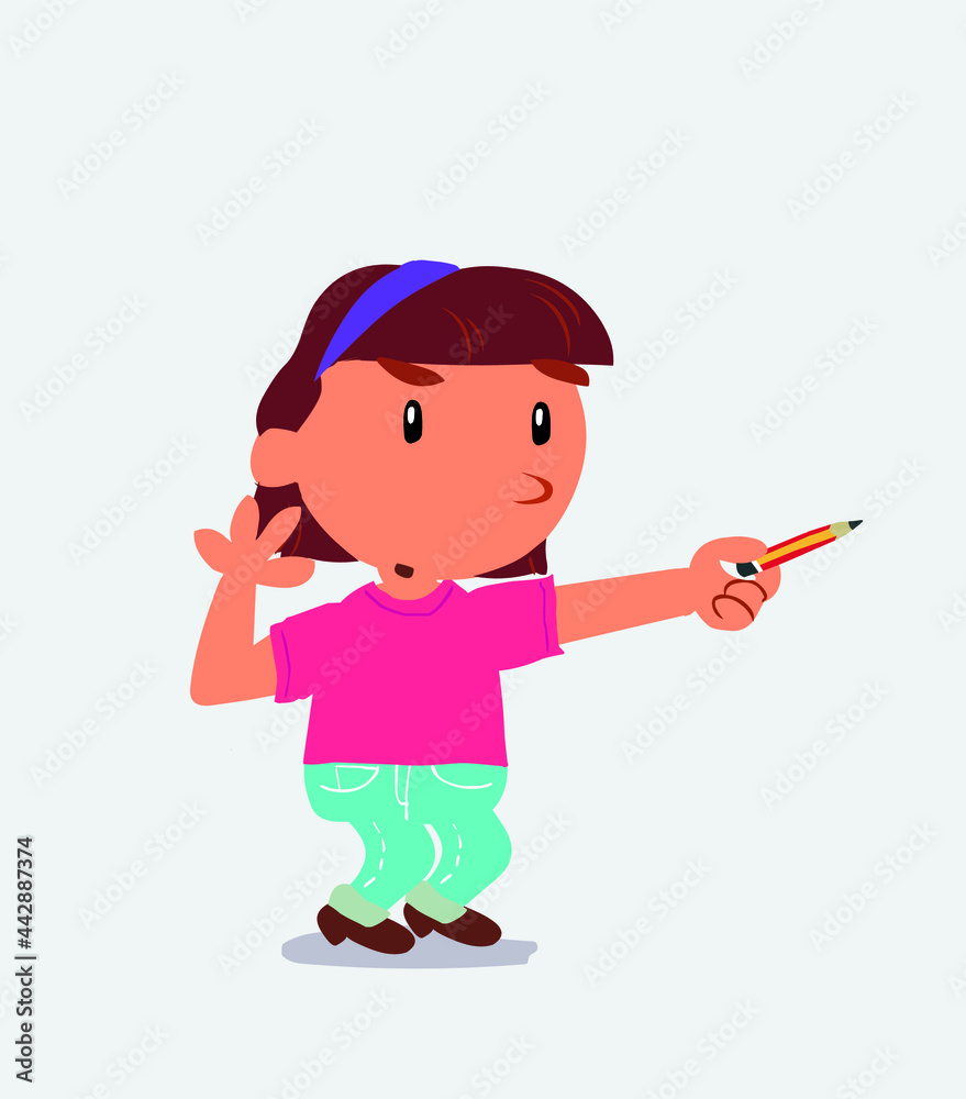 cartoon character of little girl on jeans doubts while pointing to the side with a pencil. cartoon character of little girl on jeans doubts while pointing to the side with a pencil.