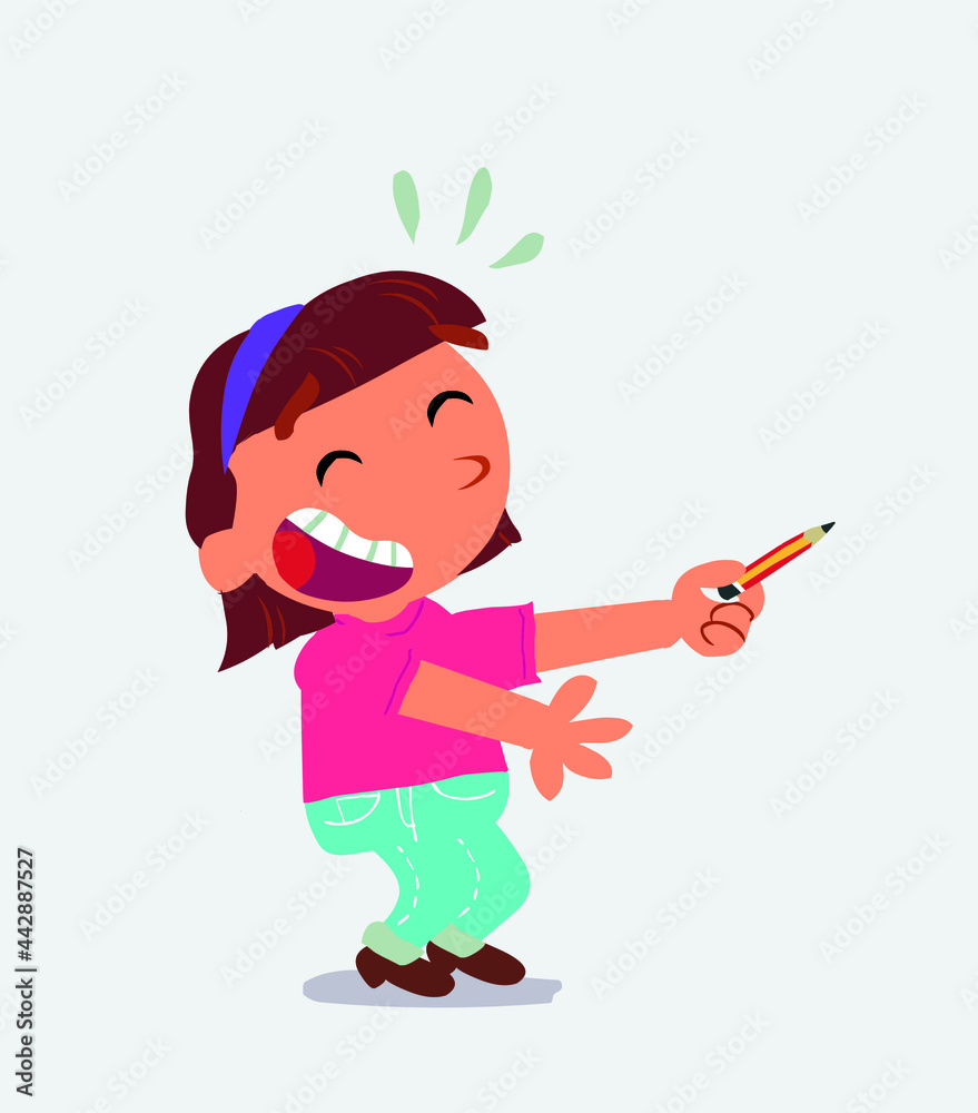 cartoon character of little girl on jeans laughs while pointing to the side with a pencil cartoon character of little girl on jeans laughs while pointing to the side with a pencil