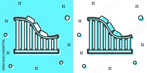 Black line Roller coaster icon isolated on green and white background. Amusement park. Childrens entertainment playground, recreation park. Random dynamic shapes. Vector