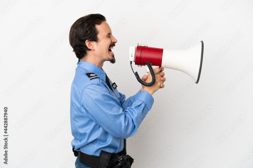 Young police man over isolated background white shouting through a megaphone Young police man over isolated background white shouting through a megaphone