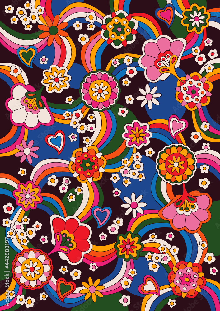 Naklejka premium Psychedelic Floral Background, 1960s Hippie Art Style Pattern for vintage Posters, Covers 