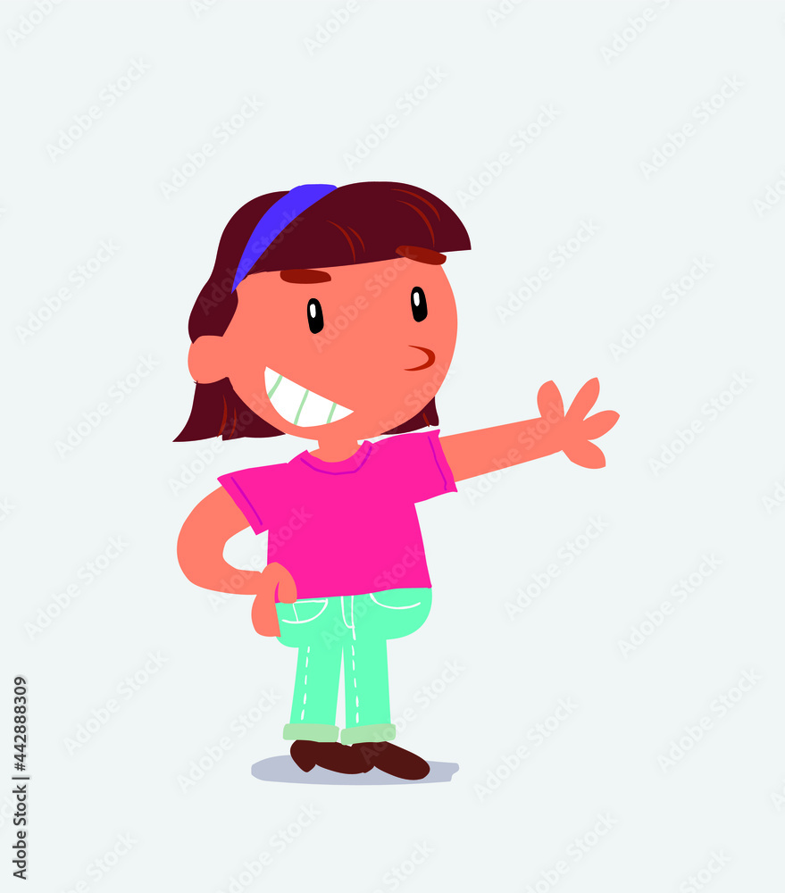 Pleased cartoon character of little girl on jeans points to something