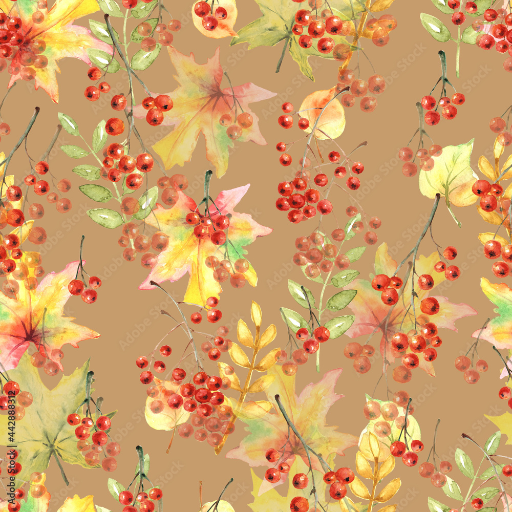 Autumn Seamless Pattern with  Leaves and Rowan Berries on Brown Background. Fall Watercolor Illustration for Kitchen, Textile, Wallpaper.