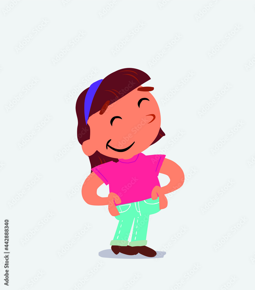 Satisfied cartoon character of little girl on jeans Satisfied cartoon character of little girl on jeans