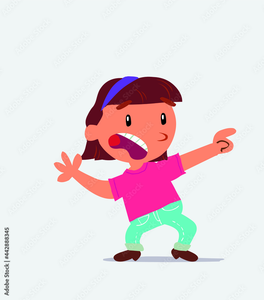 Scared cartoon character of little girl on jeans points to the side Scared cartoon character of little girl on jeans points to the side