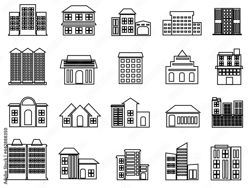 Collection of Buildings line icon. Bank, Hotel, Courthouse. City, Real estate, Architecture buildings icons. Hospital,museum. Urban architecture, city skyscraper, school, downtown. Vector illustration