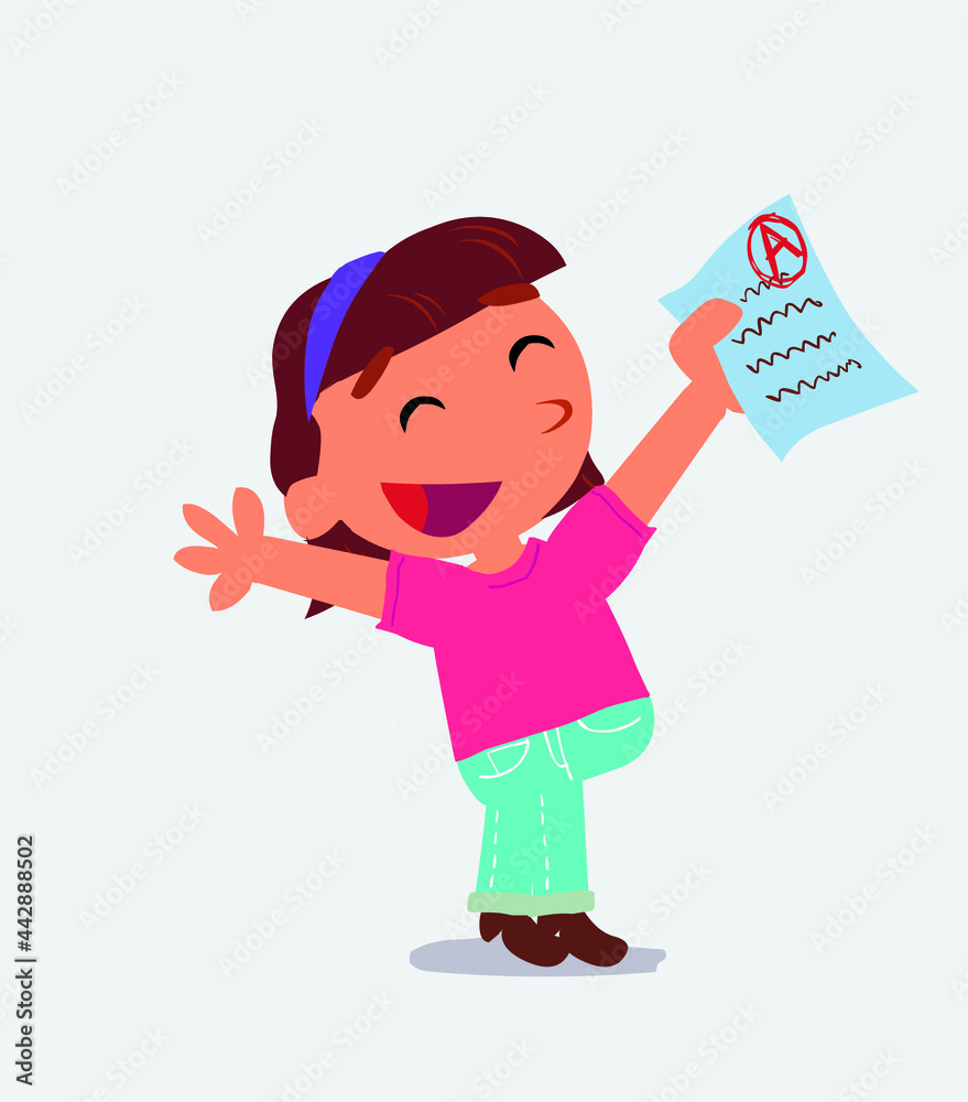 very happy cartoon character of little girl on jeans with a exam in hand. very happy cartoon character of little girl on jeans with a exam in hand.