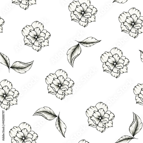 Beautiful black and white botanic seamless pattern with hand drawn flowers and leaves isolated on white, graphic sketch illustration for wedding stationary, greetings, textile, fashion, wrapping paper