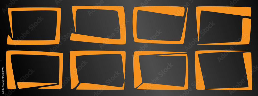 A set of eight unusual orange frames on a black background. A set of eight unusual orange frames on a black background.