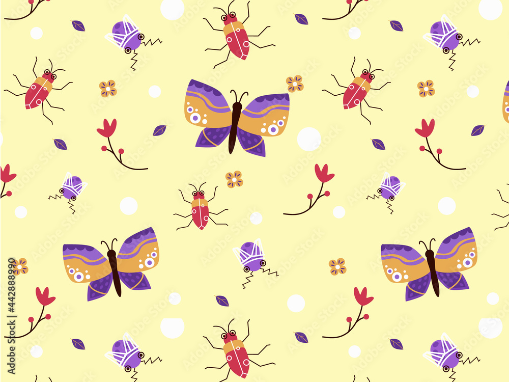 Pattern with insects on a yellow background, namely butterflies, and various beetles. Vector graphic.	