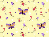 Pattern with insects on a yellow background, namely butterflies, and various beetles. Vector graphic.	