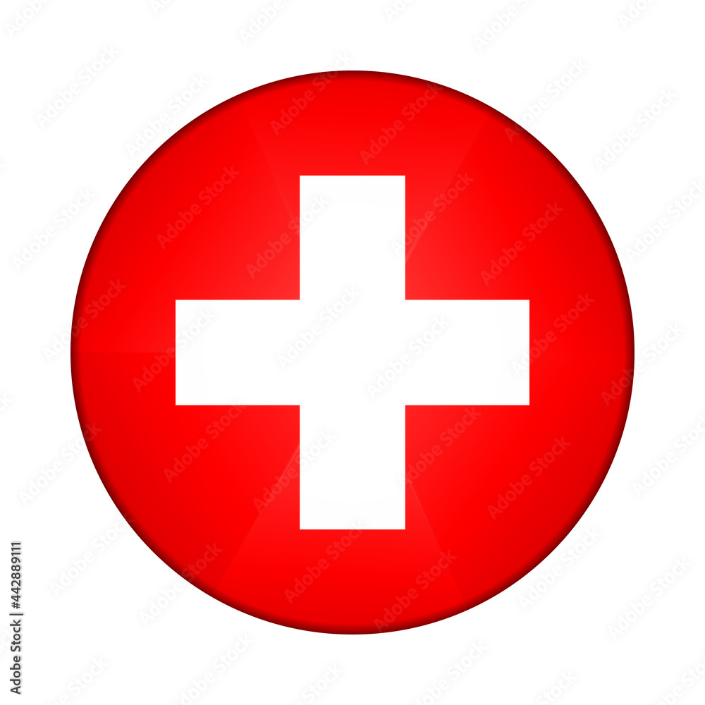 Glass light ball with flag of Switzerland. Round sphere, template icon. Swiss national symbol. Glossy realistic ball, 3D abstract vector illustration highlighted on a white background. Big bubble