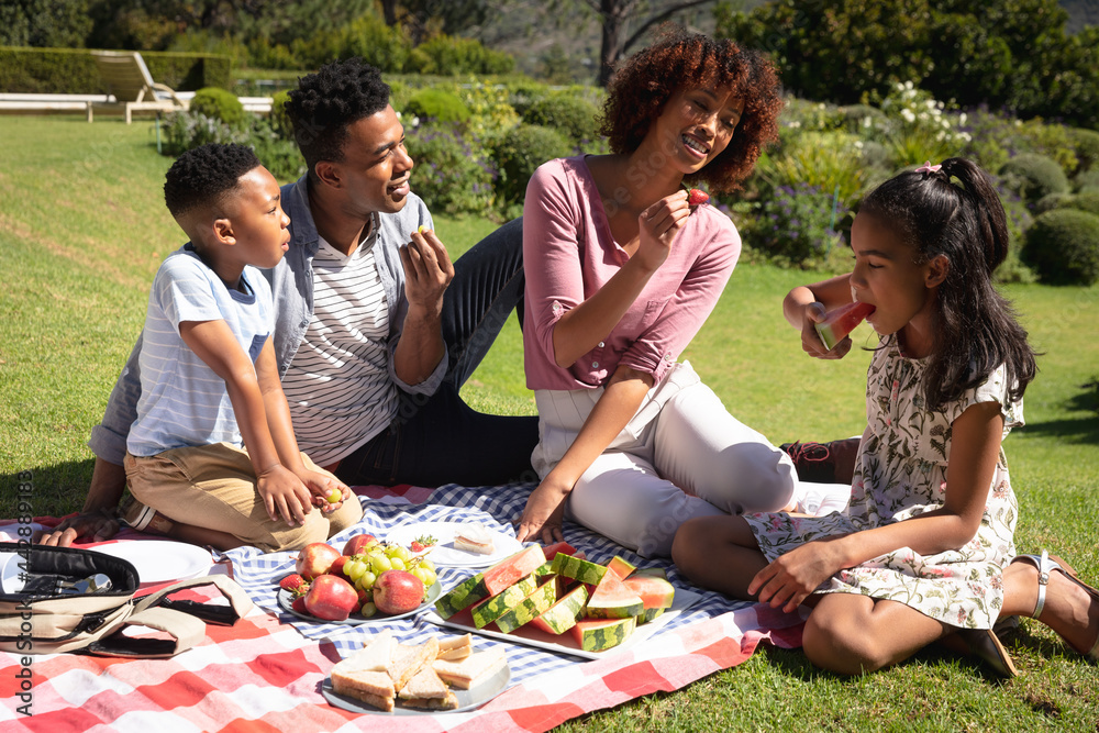 Happy african american couple with son and daughter outdoors, having picnic in sunny garden Happy african american couple with son and daughter outdoors, having picnic in sunny garden