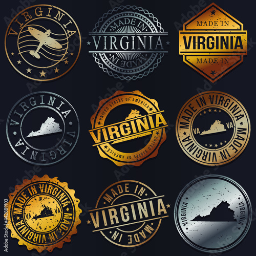 Virginia, USA Business Metal Stamps. Gold Made In Product Seal. National Logo Icon. Symbol Design Insignia Country.