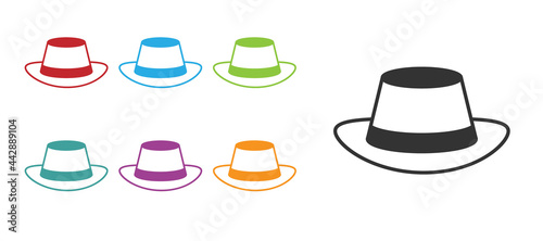 Black Oktoberfest hat icon isolated on white background. Hunter hat with feather. German hat. Set icons colorful. Vector