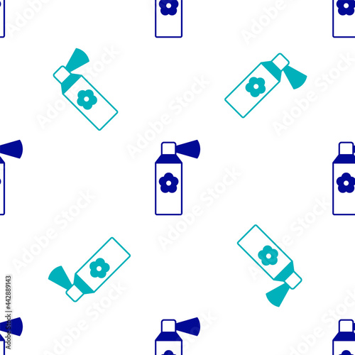 Blue Air freshener spray bottle icon isolated seamless pattern on white background. Air freshener aerosol bottle. Vector