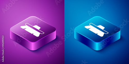 Isometric Brush for cleaning icon isolated on blue and purple background. Cleaning service concept. Square button. Vector