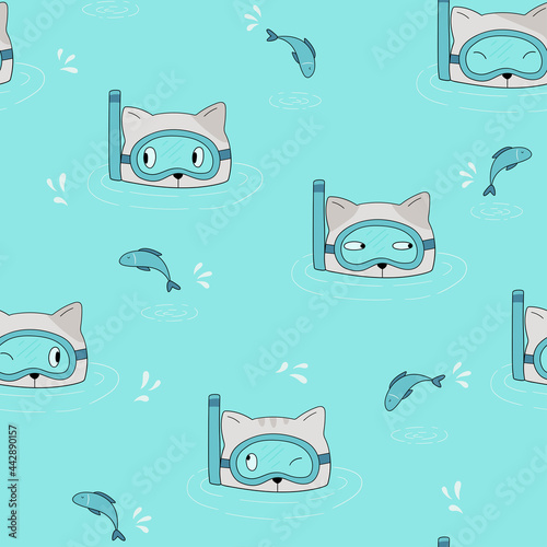 Funny seamless pattern with cats and fish. Cat diver. Cat in underwater mask. Children's summer vector illustration.