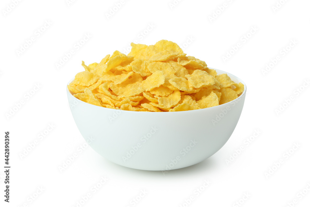 Plate of dry uncooked corn flakes isolated on white background Plate of dry uncooked corn flakes isolated on white background