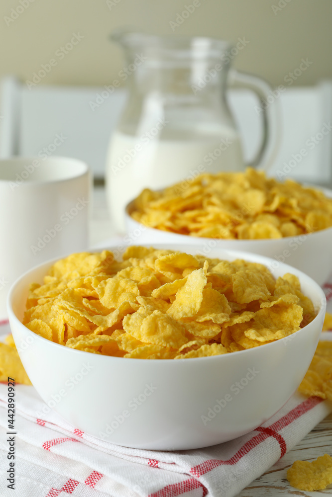 Concept of tasty breakfast with cornflakes, close up Concept of tasty breakfast with cornflakes, close up