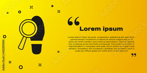 Black Magnifying glass with footsteps icon isolated on yellow background. Detective is investigating. To follow in the footsteps. Vector