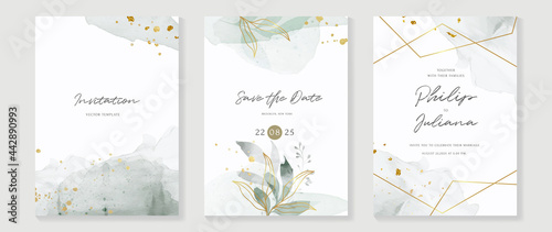 Abstract art background vector. Luxury invitation card background with golden line art flower and botanical leaves, Organic shapes, Watercolor. Vector invite design for wedding and vip cover template. photo