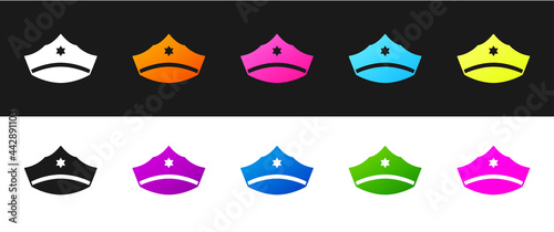 Set Police cap with cockade icon isolated on black and white background. Police hat sign. Vector