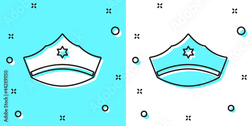 Black line Police cap with cockade icon isolated on green and white background. Police hat sign. Random dynamic shapes. Vector