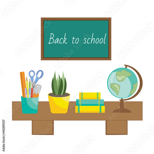 Back to school background. Working place with school supplies. Schooling Stationery