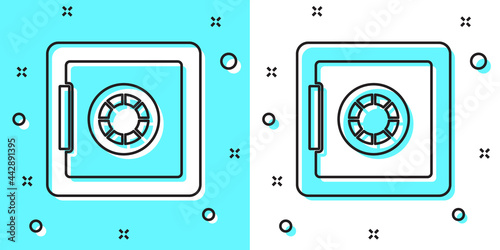 Black line Safe icon isolated on green and white background. The door safe a bank vault with a combination lock. Reliable Data Protection. Random dynamic shapes. Vector