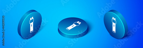 Isometric Police electric shocker icon isolated on blue background. Shocker for protection. Taser is an electric weapon. Blue circle button. Vector