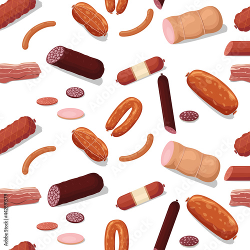 Vector flat meat and sausages icons pattern or background illustration. Seamless pattern sausage and meat food, sirloin and salami