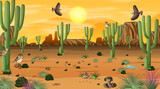 Desert forest landscape at sunset scene with desert animals and plants