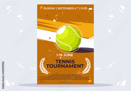 vector illustration of a flyer template, a poster for a tennis tournament, green balls lying on a tennis court with a dirt surface