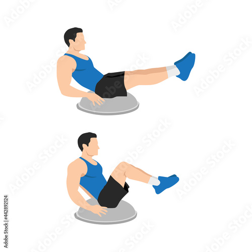 Man doing Bosu ball leg pull in. Knee tucks exercise. Flat vector illustration isolated on white background