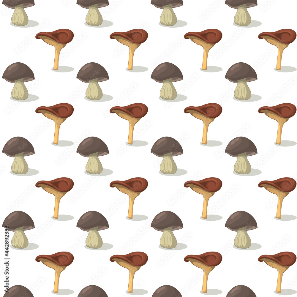 Vegetarian seamless food pattern with colored mushroom ornament. Great for fabric design, textile print, wrapping, cover. Vector illustration.
