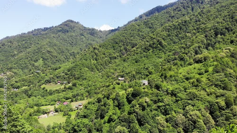 Flying over beautiful green mountains landscape, aerial shot, top view, wonderful world, scenic travel georgia