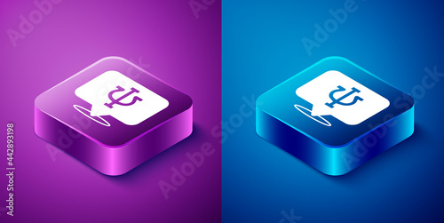 Isometric Psychology icon isolated on blue and purple background. Psi symbol. Mental health concept, psychoanalysis analysis and psychotherapy. Square button. Vector